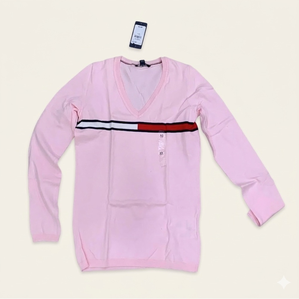 👚NWT Tommy Hilfiger Iconic Flag Stripe V-Neck Pink Sweater XS